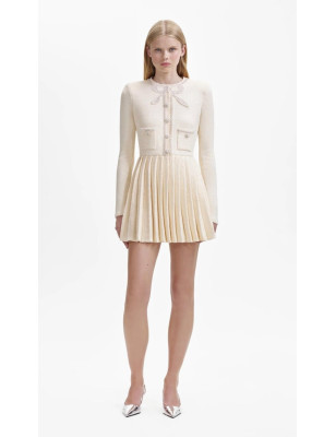 İnci İşlemeli Kurdele Detaylı Premium Beyaz Triko Elbise