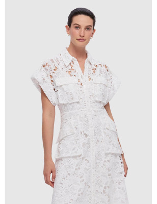 Beyaz Kısa Kollu Kemerli Dantel Midi Elbise