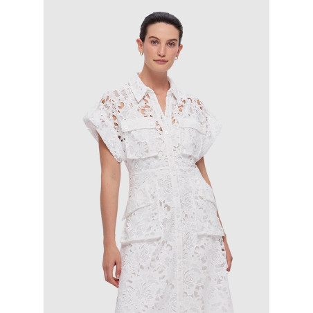 Beyaz Kısa Kollu Kemerli Dantel Midi Elbise