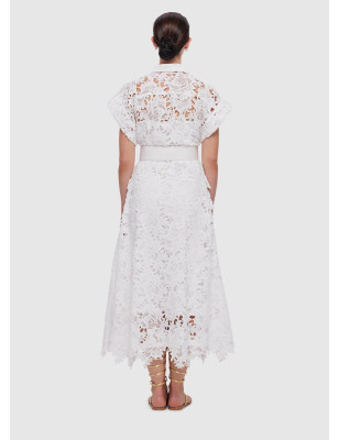 Beyaz Kısa Kollu Kemerli Dantel Midi Elbise