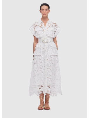 Beyaz Kısa Kollu Kemerli Dantel Midi Elbise