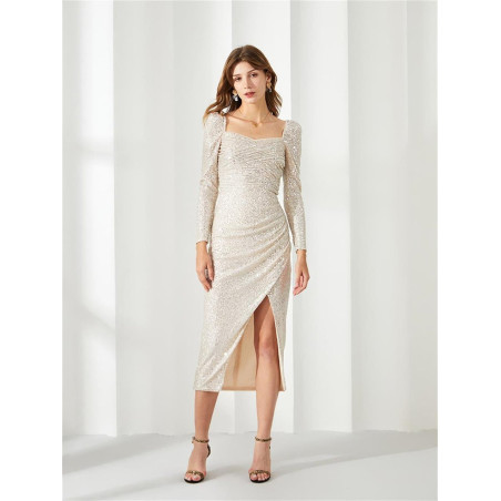 Uzun Kollu Drapeli Payetli Tasarım Elbise