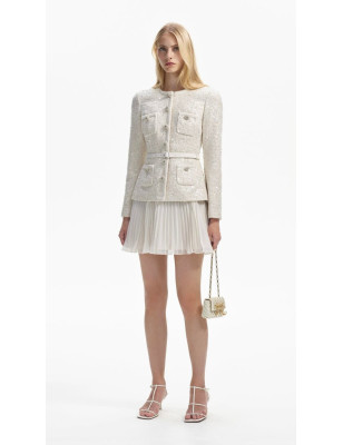 Pullu Tüvid Ceketli Pileli Beyaz Tasarım Elbise