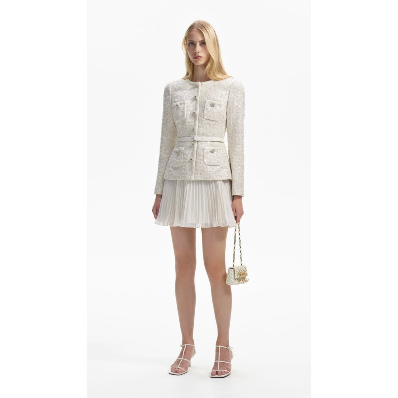 Pullu Tüvid Ceketli Pileli Beyaz Tasarım Elbise