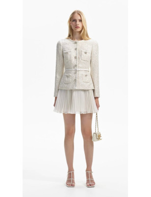 Pullu Tüvid Ceketli Pileli Beyaz Tasarım Elbise