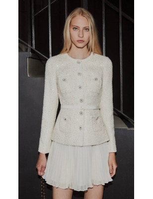 Pullu Tüvid Ceketli Pileli Beyaz Tasarım Elbise