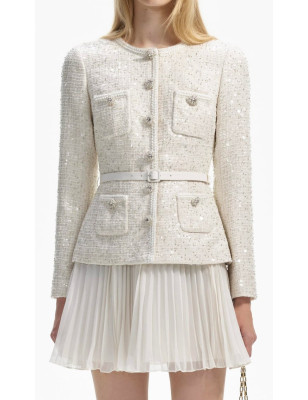 Pullu Tüvid Ceketli Pileli Beyaz Tasarım Elbise