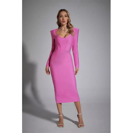 Uzun Kollu Bandaj Midi Boy Tasarım Elbise (Pembe)