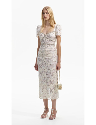 Kristal Taş Detaylı Beyaz Dantel Midi Tasarım Elbise