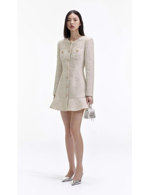 İnci Düğmeli Uzun Kollu Tasarım Tüvid Elbise