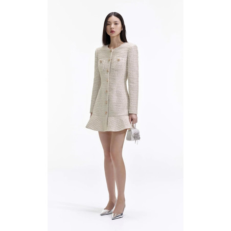 İnci Düğmeli Uzun Kollu Tasarım Tüvid Elbise