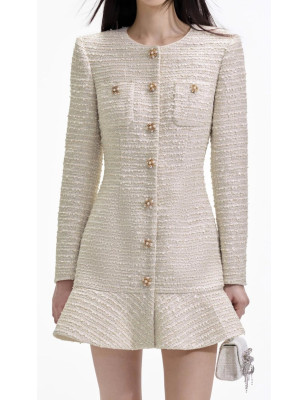 İnci Düğmeli Uzun Kollu Tasarım Tüvid Elbise