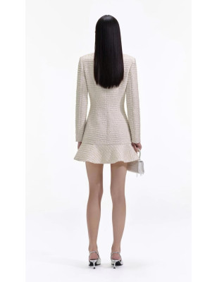 İnci Düğmeli Uzun Kollu Tasarım Tüvid Elbise