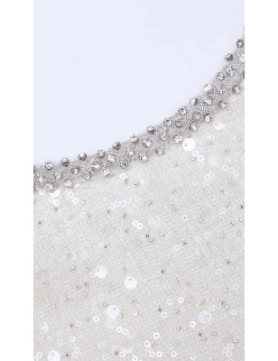 Kristal Taşlı Fiyonk Detaylı Tüvid Tasarım Mini Beyaz Elbise