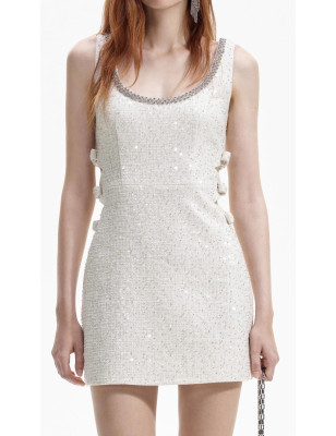 Kristal Taşlı Fiyonk Detaylı Tüvid Tasarım Mini Beyaz Elbise