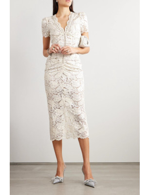 Kristal Düğme Detaylı Dantel Midi Tasarım Elbise