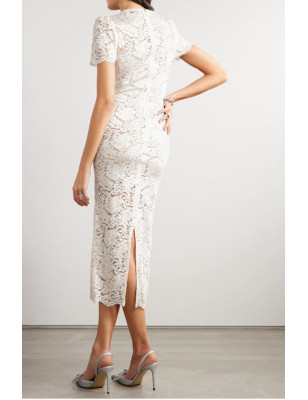 Kristal Düğme Detaylı Dantel Midi Tasarım Elbise