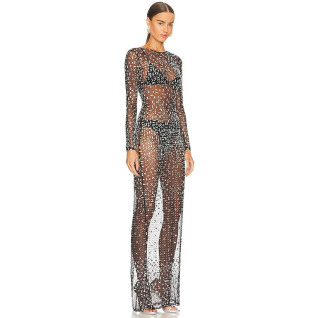 Kristal Taşlı Transparan Tasarım Siyah Tül Elbise