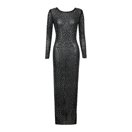 Kristal Taşlı Transparan Tasarım Siyah Tül Elbise