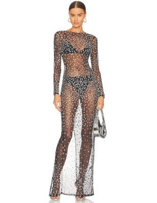 Kristal Taşlı Transparan Tasarım Siyah Tül Elbise