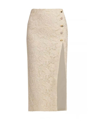 Düğmeli Yırtmaçlı Dantel Tasarım Midi Etek