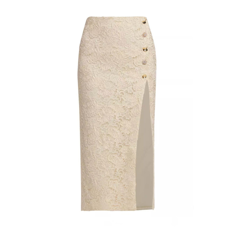 Düğmeli Yırtmaçlı Dantel Tasarım Midi Etek