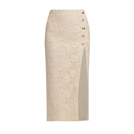 Düğmeli Yırtmaçlı Dantel Tasarım Midi Etek