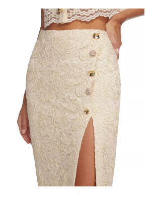 Düğmeli Yırtmaçlı Dantel Tasarım Midi Etek