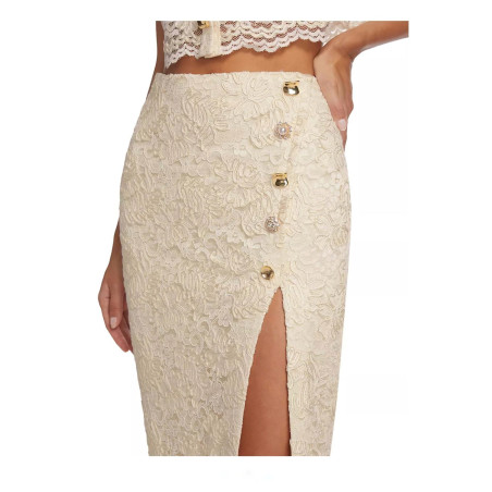 Düğmeli Yırtmaçlı Dantel Tasarım Midi Etek