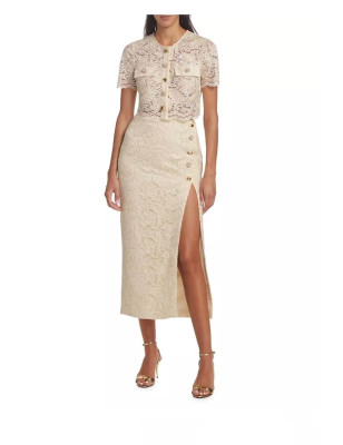 Düğmeli Yırtmaçlı Dantel Tasarım Midi Etek