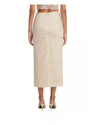 Düğmeli Yırtmaçlı Dantel Tasarım Midi Etek