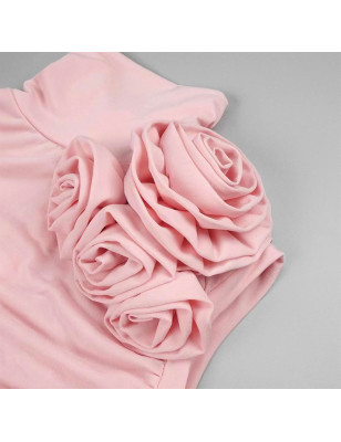 Gül Detaylı Dik Yaka Kolsuz Drapeli Midi Tasarım Elbise