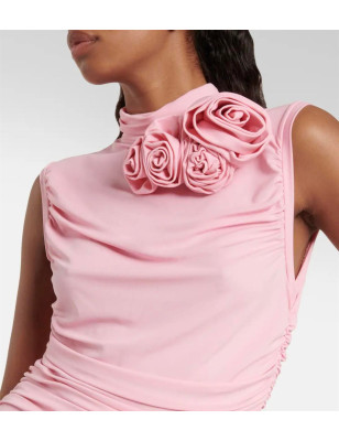 Gül Detaylı Dik Yaka Kolsuz Drapeli Midi Tasarım Elbise