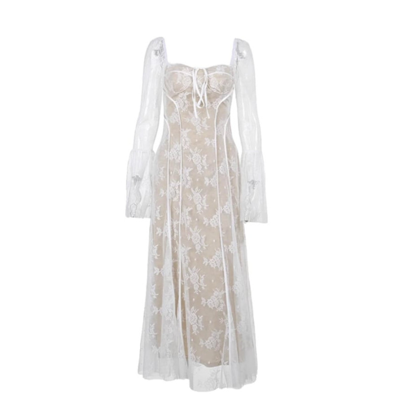 Korse Formlu Uzun Kollu Dantel Beyaz Midi Elbise