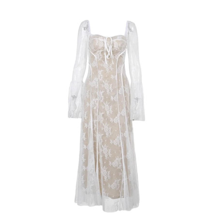 Korse Formlu Uzun Kollu Dantel Beyaz Midi Elbise