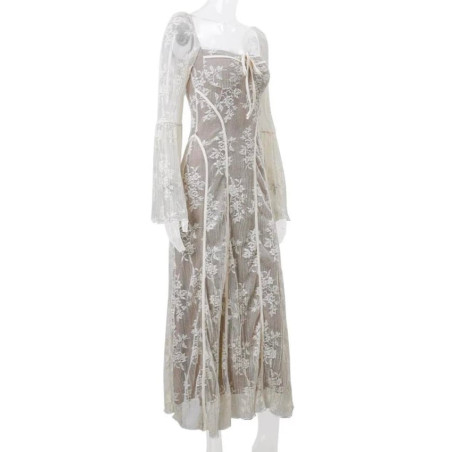 Korse Formlu Uzun Kollu Dantel Beyaz Midi Elbise