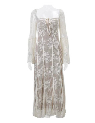 Korse Formlu Uzun Kollu Dantel Beyaz Midi Elbise