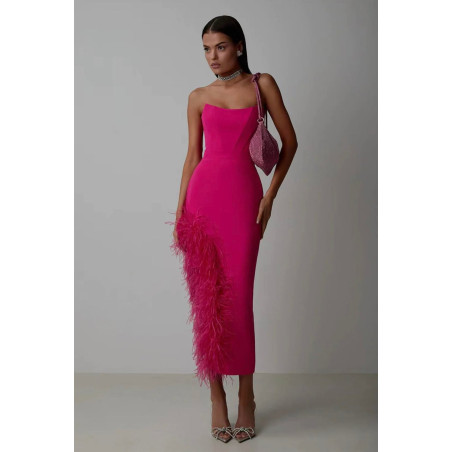 Etek Ucu Otrişli Straplez Pembe Tasarım Elbise