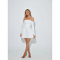 Madonna Yaka Uzun Kollu Saten Mini Beyaz Elbise