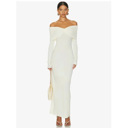 Göğsü Kurdele Formlu Madonna Yaka Maksi Beyaz Elbise