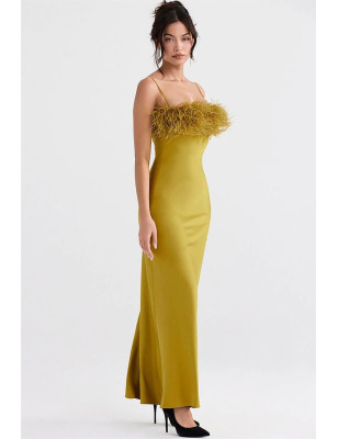 İp Askılı Otrişli Sarı Saten Elbise