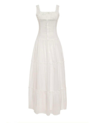 Askılı Beyaz Tasarım Midi Elbise