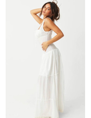 Askılı Beyaz Tasarım Midi Elbise