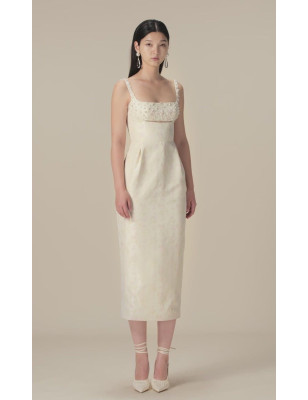 Göğsü Minik Pencereli İşlemeli Midi Boy Tasarım Elbise