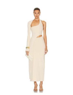 Tek Kollu Küçük Pencere Detaylı Bandaj Midi Krem Elbise