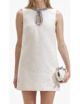 Yakası Pul Detaylı Kolsuz Krem Tüvid Mini Elbise