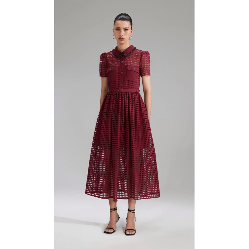 Bordo Kristal Siyah Taşlı Dantel Midi Boy Tasarım Elbise