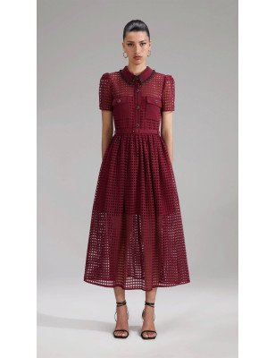 Bordo Kristal Siyah Taşlı Dantel Midi Boy Tasarım Elbise