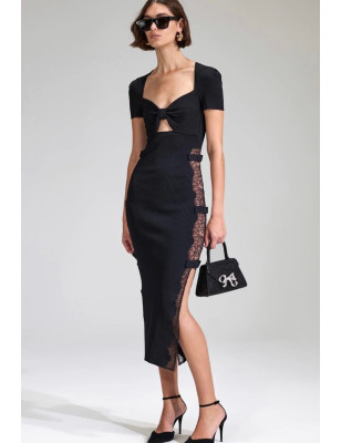 Yanları Dantel Detaylı Kurdeleli Siyah Triko Elbise