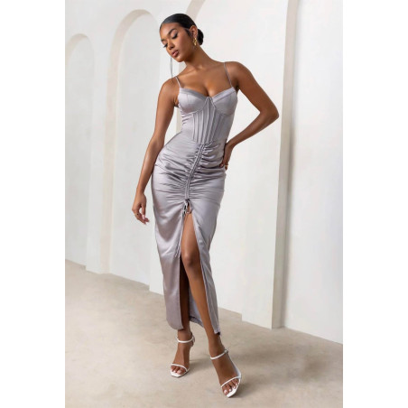 İp Askılı Eteği Büzgülü Yırtmaçlı Saten Elbise